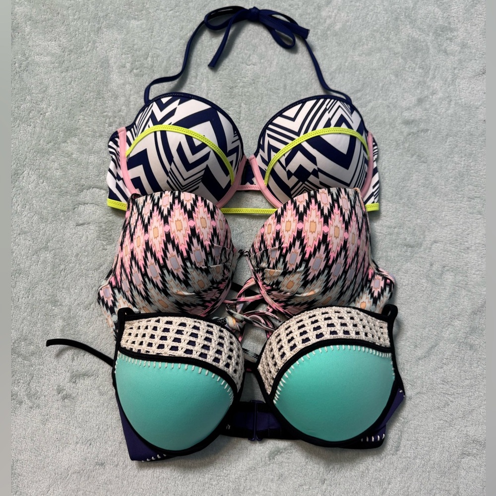 Victoria's Secret Three-Piece Bikini Top Set - Navy, Pink, Teal - Picture 1 of 13